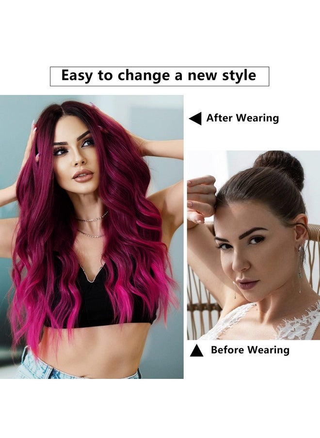 7JHH WIGS - Hot Pink Long Wig With Dark Root Middle Part Lace Front Wavy Burgundy Ombre Pink Wig Body Wave Synthetic Wig For Women Transparent Lace Wig Hair 180% Density Daily Wear Wig 27 Inch - Image 1