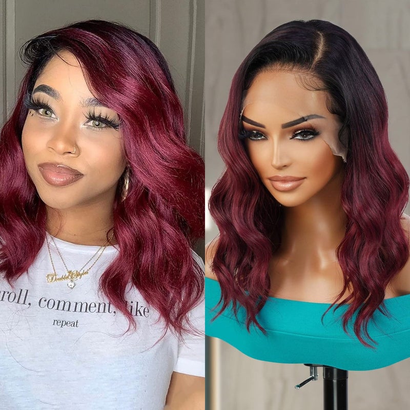 GLAM21USA HD LACE Front Loose Wave 13X6 Glueless Invisible Transparent Lace Frontal Wig Human Hair Blend Preplucked Hairline Swiss-Lace Heat Friendly Synthetic Wigs - Kayla (OET1B/BURG)
