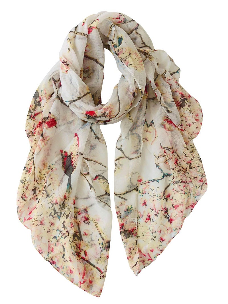 GERINLY Lightweight Scarves and Wraps Birds Florals Scarf for Women Christmas Gift Cardinal Accessories (Beige) - Image 1