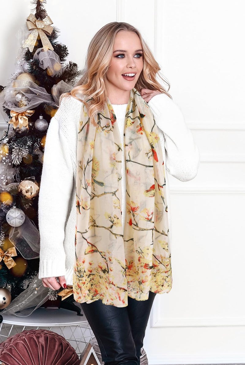 GERINLY Lightweight Scarves and Wraps Birds Florals Scarf for Women Christmas Gift Cardinal Accessories (Beige) - Image 3