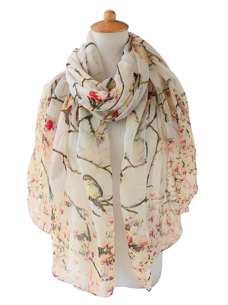 GERINLY Lightweight Scarves and Wraps Birds Florals Scarf for Women Christmas Gift Cardinal Accessories (Beige) - Image 2