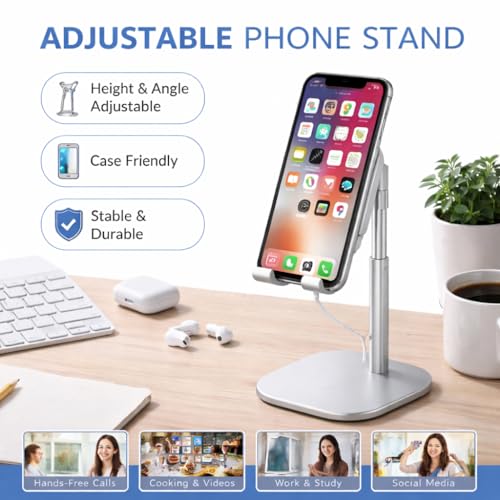 Mizi Cell Phone Stand - Adjustable Angle & Height Desk Phone Holder Dock Compatible with iPhone 17/16/15 Pro Max, Samsung Galaxy, iPad, Switch & All Smartphones (3.5–10 Inch) - White - Image 5