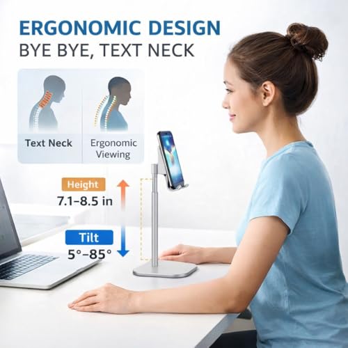 Mizi Cell Phone Stand - Adjustable Angle & Height Desk Phone Holder Dock Compatible with iPhone 17/16/15 Pro Max, Samsung Galaxy, iPad, Switch & All Smartphones (3.5–10 Inch) - White - Image 3