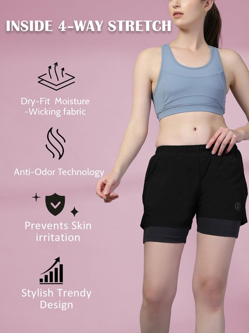 CHKOKKO Gym Shorts for Women Workout Sports Running Quick Dry Fit Double Layer Inner Compression with Pockets Lightweight Wear Black Dark Grey S - Image 2