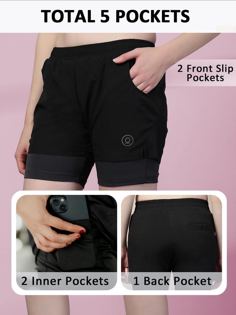 CHKOKKO Gym Shorts for Women Workout Sports Running Quick Dry Fit Double Layer Inner Compression with Pockets Lightweight Wear Black Dark Grey S - Image 3