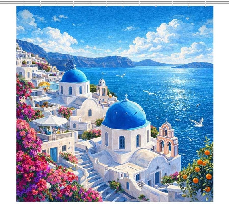 Village by the Sea with Blue Domes and FlowersShower Curtain for Bathroom Waterproof Tan Shower Curtain with Hooks 71 inch x 71 inch - Image 1
