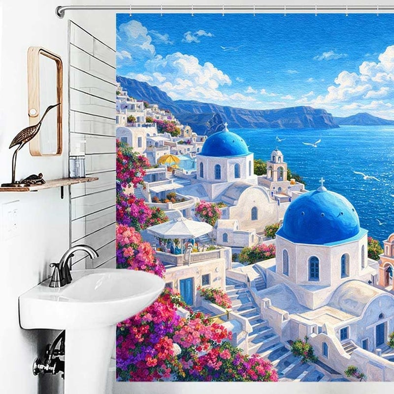 Village by the Sea with Blue Domes and FlowersShower Curtain for Bathroom Waterproof Tan Shower Curtain with Hooks 71 inch x 71 inch - Image 4