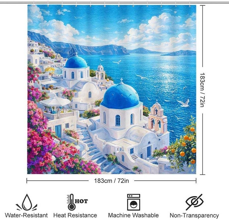 Village by the Sea with Blue Domes and FlowersShower Curtain for Bathroom Waterproof Tan Shower Curtain with Hooks 71 inch x 71 inch - Image 3
