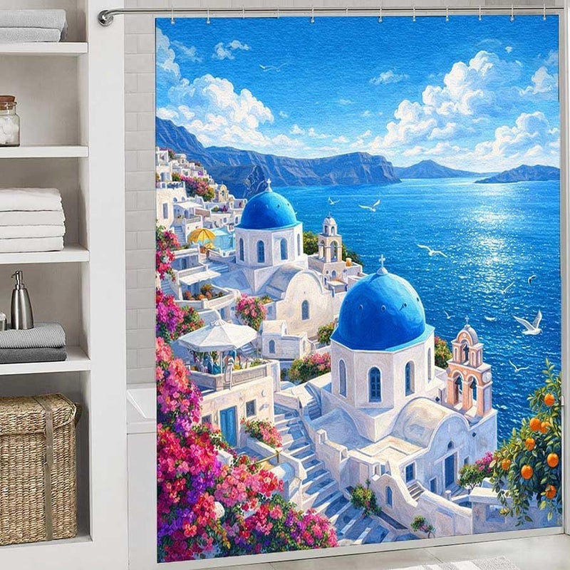 Village by the Sea with Blue Domes and FlowersShower Curtain for Bathroom Waterproof Tan Shower Curtain with Hooks 71 inch x 71 inch - Image 2
