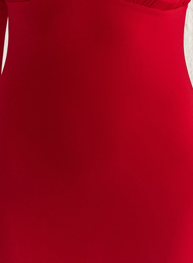 trendyol Red Bodycon V Neck Knitted Chic Short Evening Prom Dress - Image 4