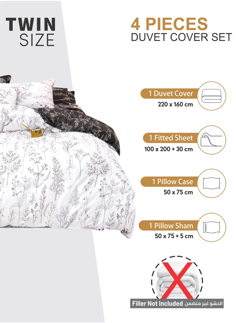 Donetella Duvet Cover Set 4-Pcs Single Size Printed Bed Set With 1 Duvet Cover(160 x 220 CM) 1 Fitted Sheet 1 Pillow Sham And 1 Pillow Case (Without Filler),White Smoke