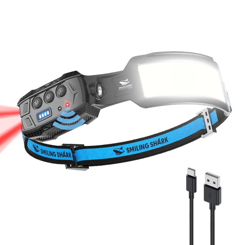 Smiling Shark Headlamp, Head Lamp Led Rechargeable 6 Modes 7*White Lights 270Â° Lighting Red Tail Light for Camping Fishing Running Repairation, LED-Headlamp-Rechargeable-Light - Image 1