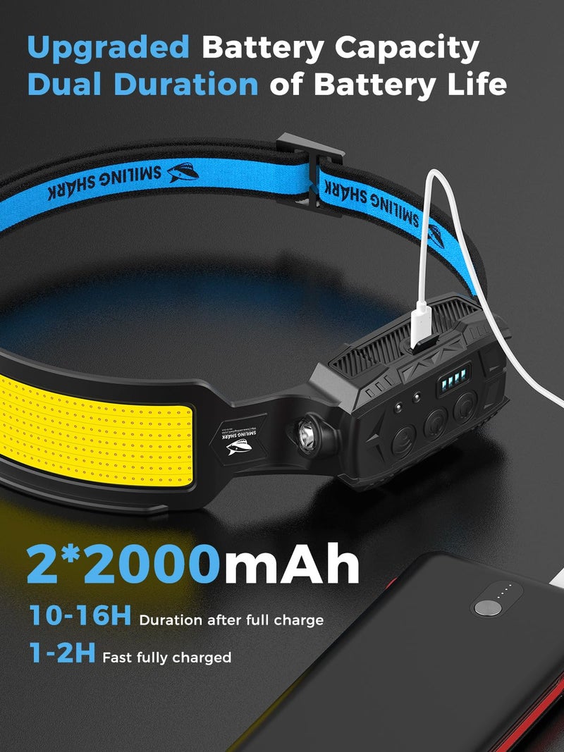 Smiling Shark Headlamp, Head Lamp Led Rechargeable 6 Modes 7*White Lights 270Â° Lighting Red Tail Light for Camping Fishing Running Repairation, LED-Headlamp-Rechargeable-Light - Image 5