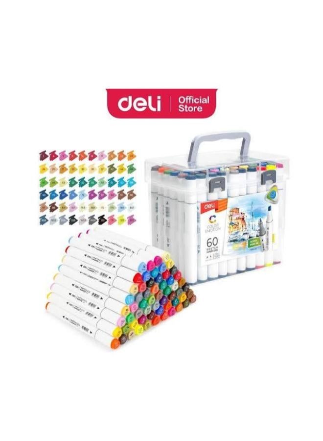 Deli Alcohol-Based Art Markers Set – 60 Colors, Dual Tip (Brush & Chisel)