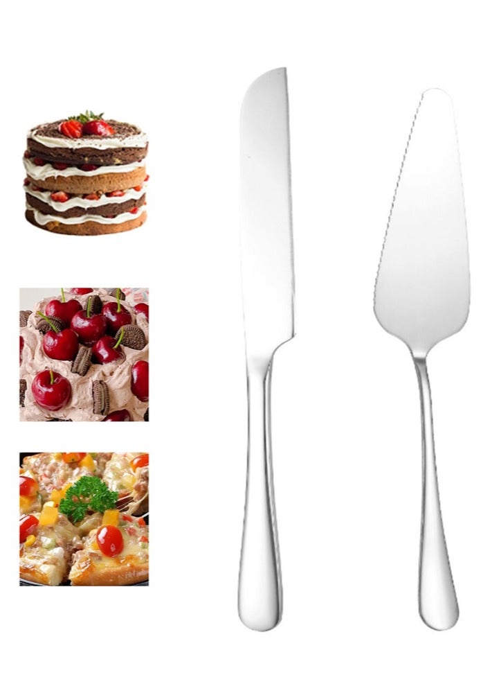 Elegant Cake Knife And Server Set, Thickened Stainless Steel Round Edge, Cake Pizza Dim Sum Bread Shovel, Suitable For Birthday Anniversary Celebrations, 2 Pieces, Silver  - Image 1
