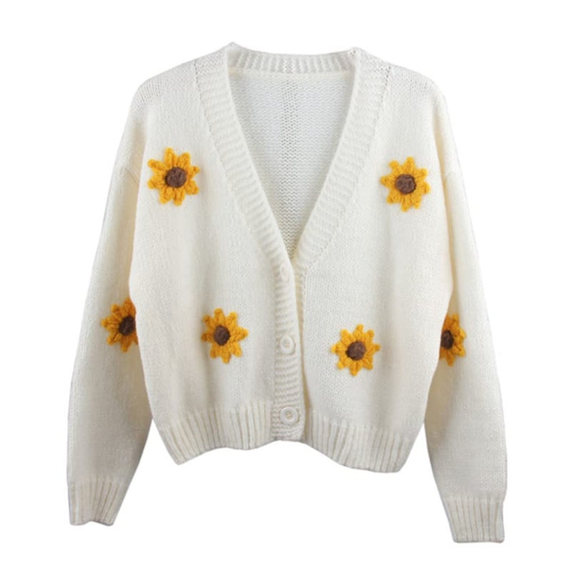 HOULENGS Women's Kawaii Flower Embroidered Button Down Cardigan Sweater Long Sleeve V Neck Knitted Crop Sweater Coat Sunflowers One Size - Image 1