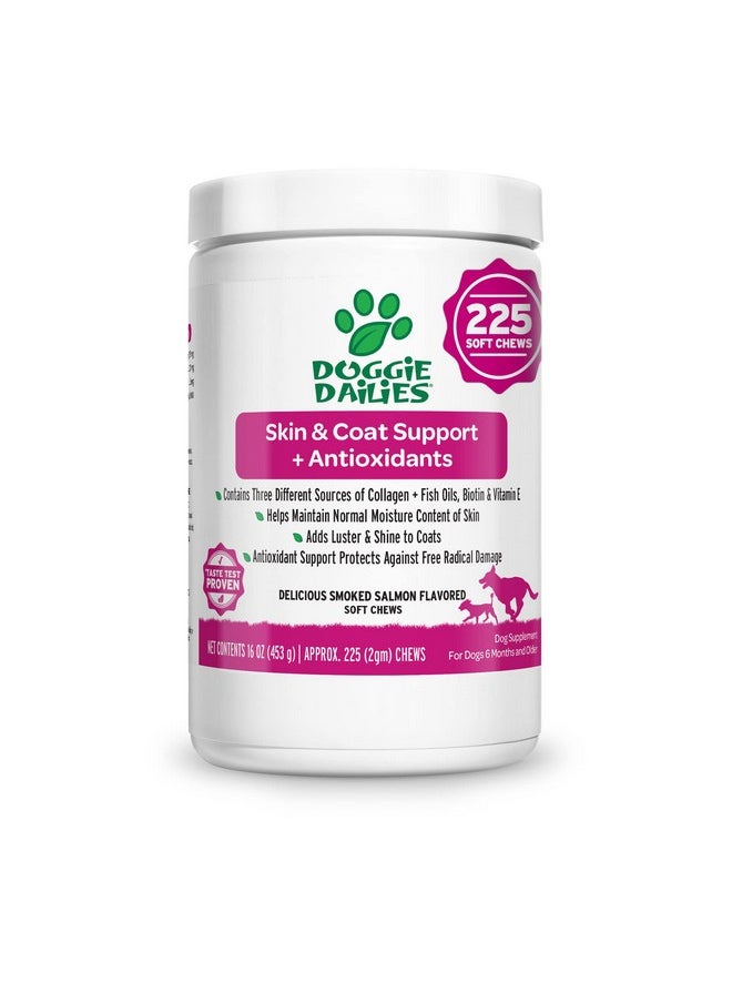 Doggie Dailies Skin & Coat Supplement + Antioxidant Support, 225 Soft Chews, Salmon Oil For Dogs Skin And Coat With Collagen, Omega 3, Krill Oil, Biotin, & Coconut Oil For Dogs (Salmon)  - Image 1