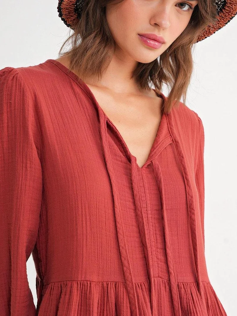 MixRay Brick Red Mixray V-Neck Tie Closure Midi Dress for Women | Best Price UAE