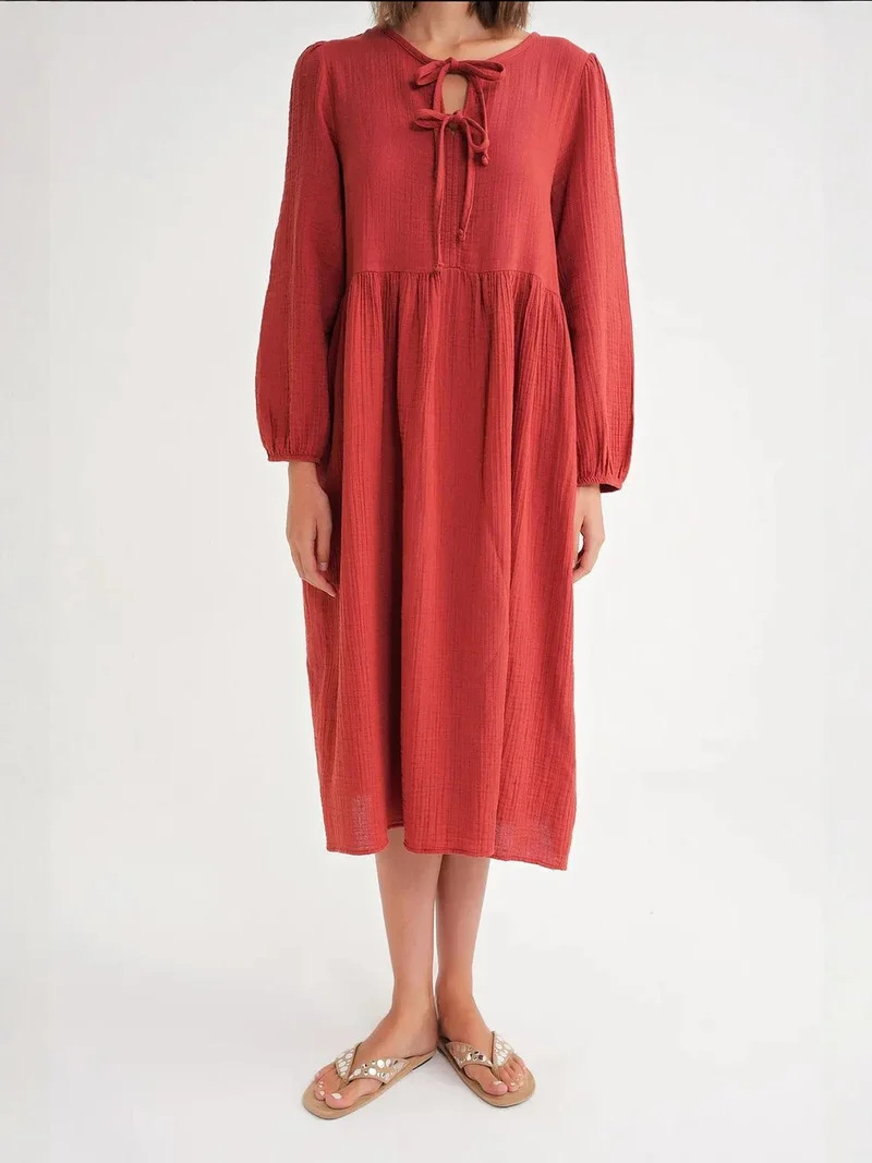 MixRay Brick Red Mixray V-Neck Tie Closure Midi Dress for Women | Best Price UAE