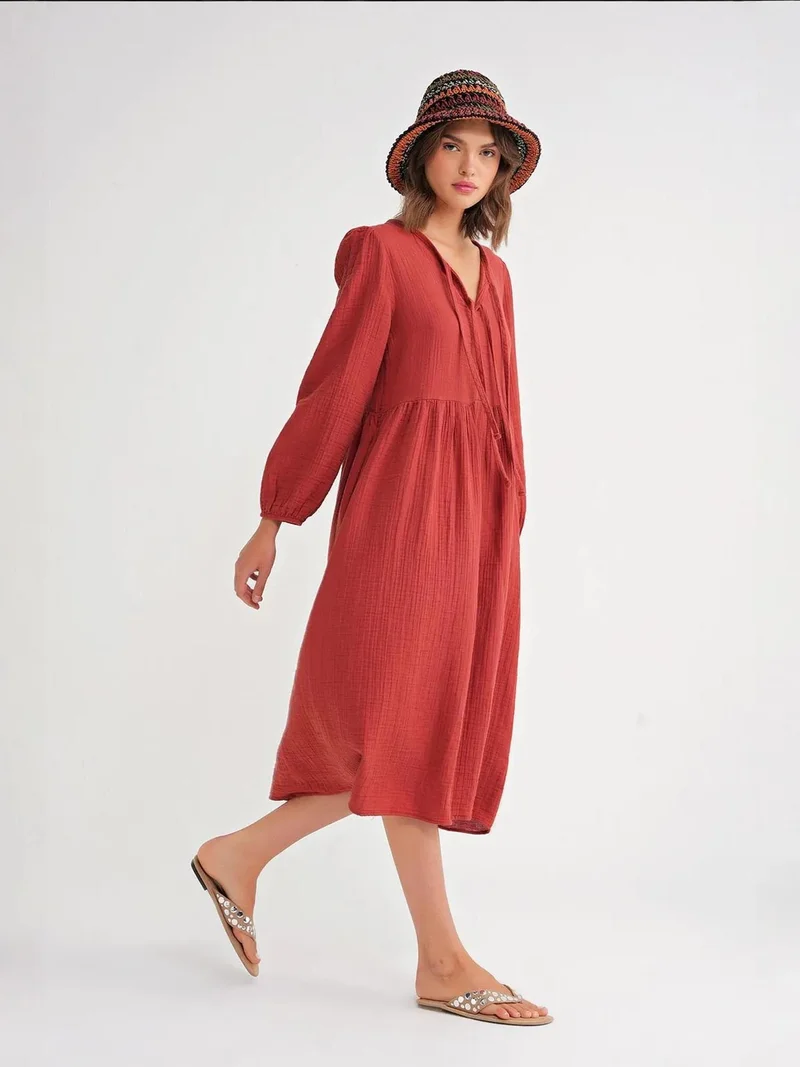 MixRay Brick Red Mixray V-Neck Tie Closure Midi Dress for Women | Best Price UAE