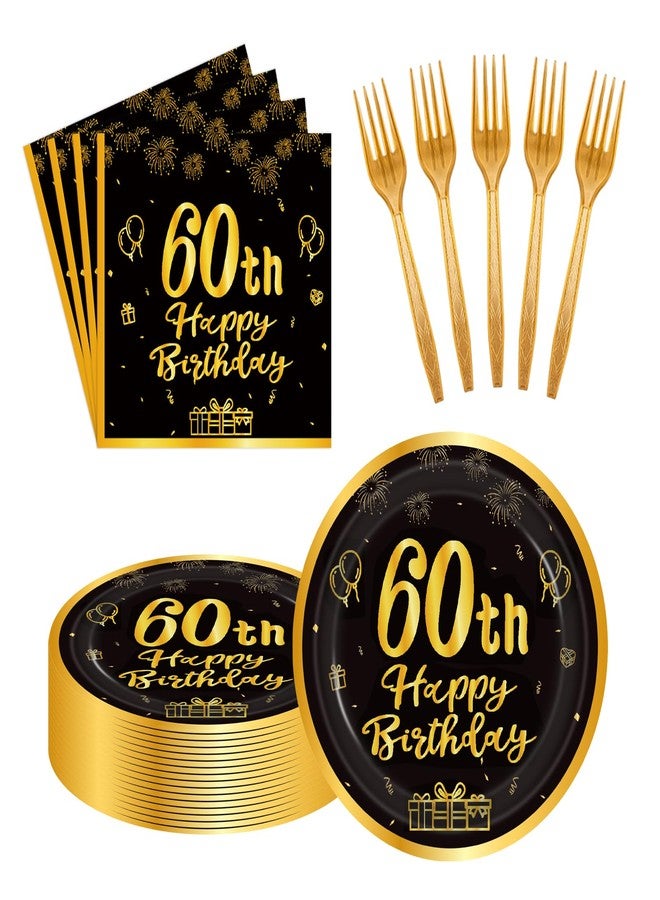 LDFDRT 60pcs 60th Birthday Party Paper Plates and Napkins Forks Black Gold Dessert Cake Plates Party Decorations Supplies Serves 20 Guest - Image 1