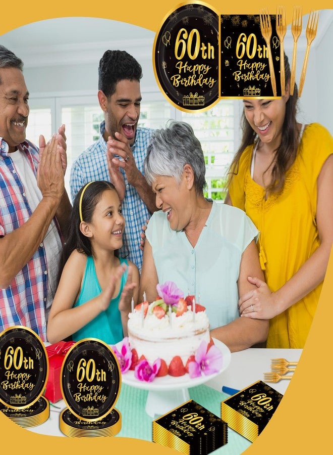 LDFDRT 60pcs 60th Birthday Party Paper Plates and Napkins Forks Black Gold Dessert Cake Plates Party Decorations Supplies Serves 20 Guest - Image 5