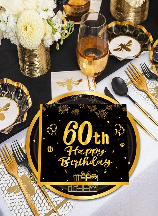 LDFDRT 60pcs 60th Birthday Party Paper Plates and Napkins Forks Black Gold Dessert Cake Plates Party Decorations Supplies Serves 20 Guest - Image 2