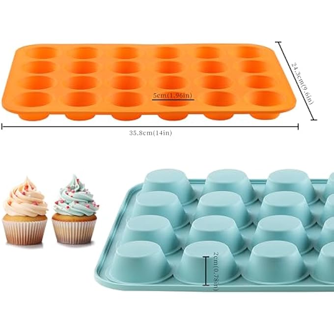 2 قطعة سيليكون ميني مافن كب كيك مجموعة 24 كوب ميني مافن خبز صينية غير لاصقة خالية من BPA غسالة صحون آمنة مثالية لصنع كعك الكعك لاذع برتقالي طاووس أزرق - Image 3