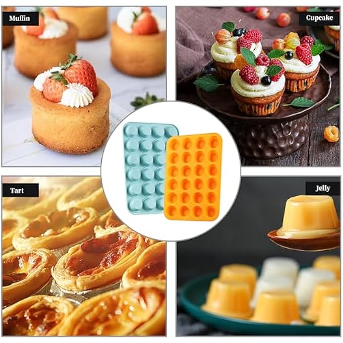 2 قطعة سيليكون ميني مافن كب كيك مجموعة 24 كوب ميني مافن خبز صينية غير لاصقة خالية من BPA غسالة صحون آمنة مثالية لصنع كعك الكعك لاذع برتقالي طاووس أزرق - Image 5