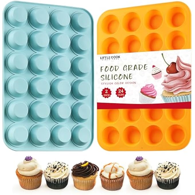 2 قطعة سيليكون ميني مافن كب كيك مجموعة 24 كوب ميني مافن خبز صينية غير لاصقة خالية من BPA غسالة صحون آمنة مثالية لصنع كعك الكعك لاذع برتقالي طاووس أزرق - Image 1