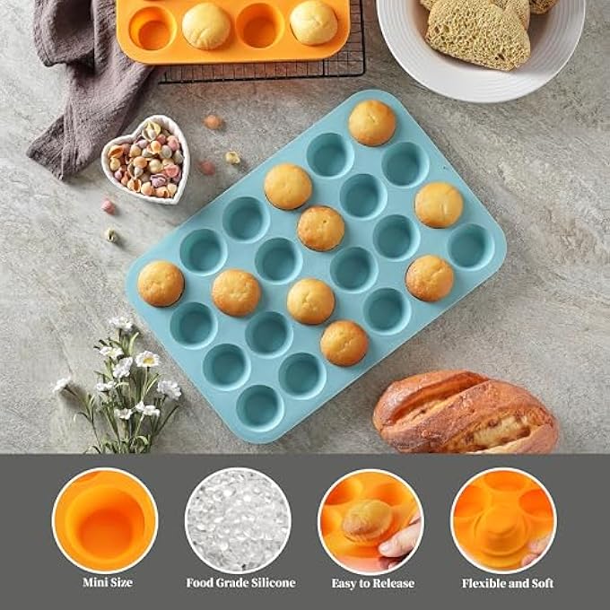 2 قطعة سيليكون ميني مافن كب كيك مجموعة 24 كوب ميني مافن خبز صينية غير لاصقة خالية من BPA غسالة صحون آمنة مثالية لصنع كعك الكعك لاذع برتقالي طاووس أزرق - Image 4