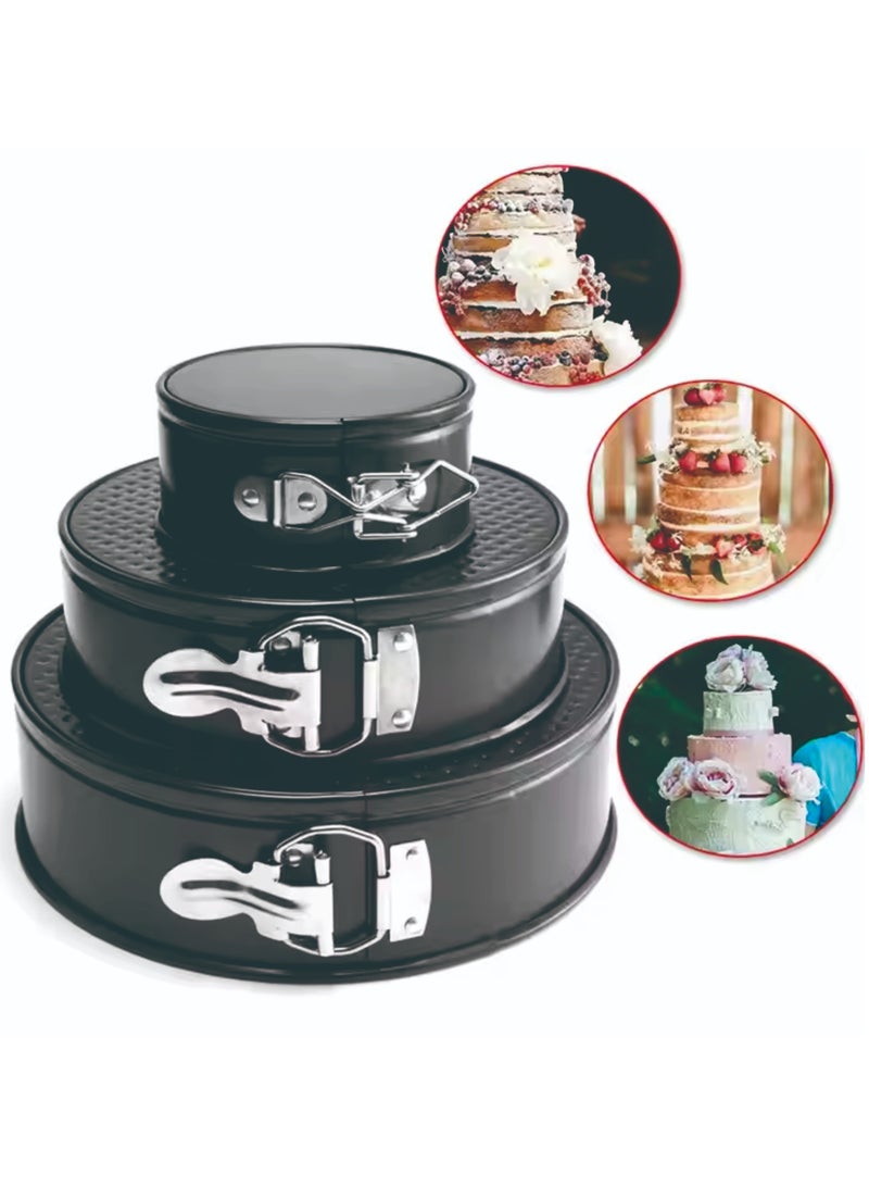 مجموعة قوالب كيك دائرية غير لاصقة مكونة من 3 قطع، قالب كيك دائري غير لاصق مع قاعدة قفل، صينية خبز من الفولاذ الكربوني، مجموعة قوالب كيك 4 بوصة و7 بوصة و9 بوصة، باللون الأسود - Image 2