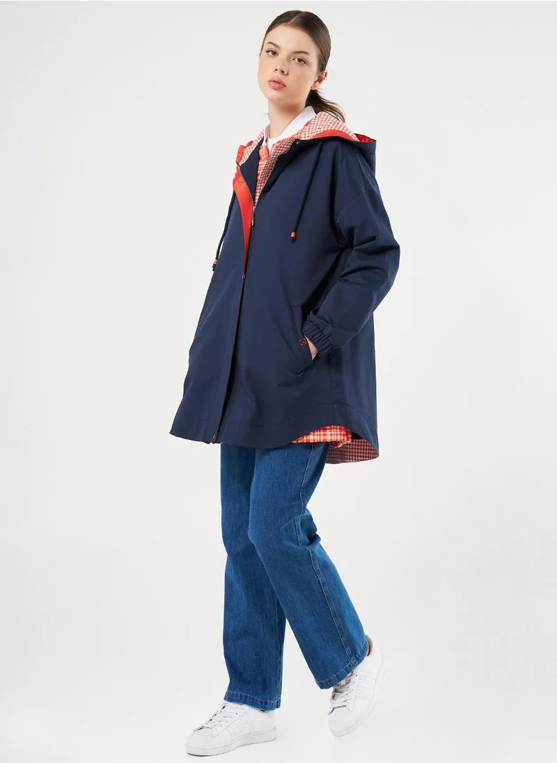 Kayra Detailed Short Trench Coat Dark Navy Blue