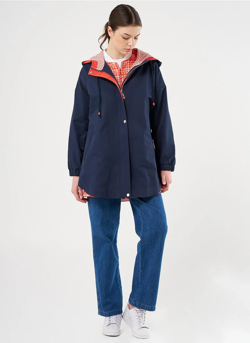 Kayra Detailed Short Trench Coat Dark Navy Blue