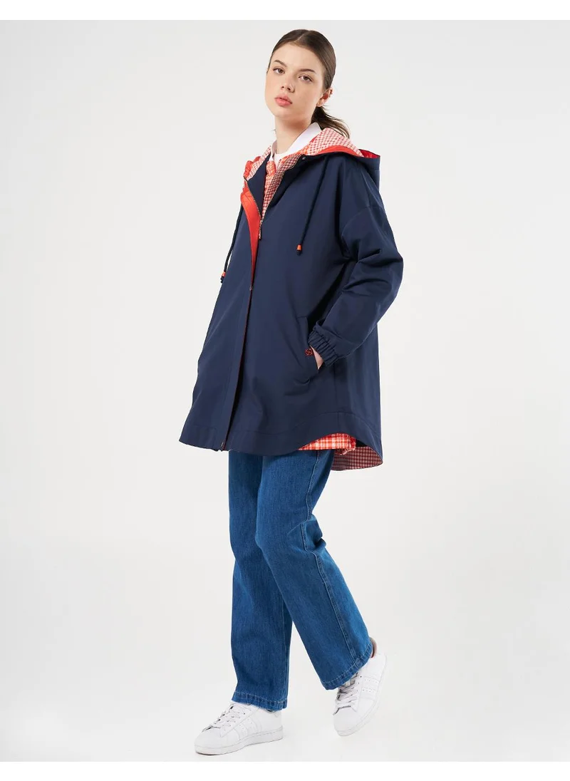 Kayra Detailed Short Trench Coat Dark Navy Blue