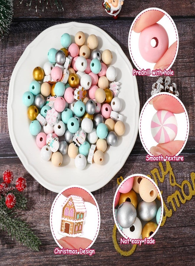 Whaline 220Pcs Christmas Wooden Beads 16 Styles Pink Xmas Pattern Decorative Wood Beads Multi-Color Round Loose Beads for Tried Tray Winter Farmhouse Decor DIY Crafts - Image 3