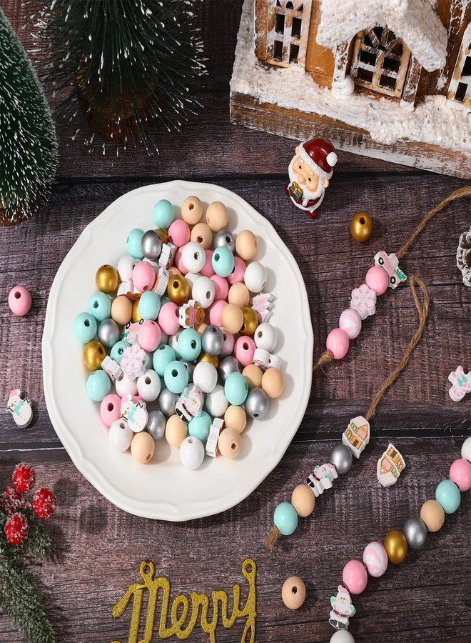 Whaline 220Pcs Christmas Wooden Beads 16 Styles Pink Xmas Pattern Decorative Wood Beads Multi-Color Round Loose Beads for Tried Tray Winter Farmhouse Decor DIY Crafts - Image 5
