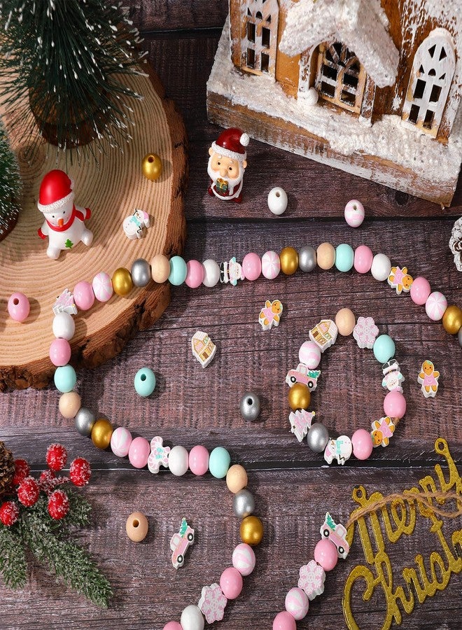 Whaline 220Pcs Christmas Wooden Beads 16 Styles Pink Xmas Pattern Decorative Wood Beads Multi-Color Round Loose Beads for Tried Tray Winter Farmhouse Decor DIY Crafts - Image 4