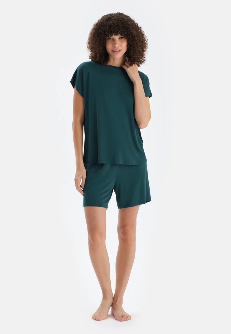 dagi Mid Rise Green Square Neck Viscose Blend T-shirt & Shorts Nightwear Set