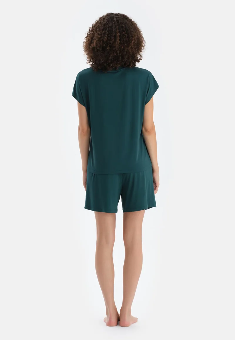 dagi Mid Rise Green Square Neck Viscose Blend T-shirt & Shorts Nightwear Set