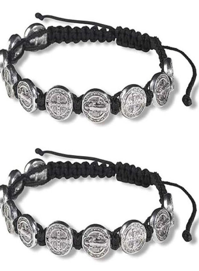 CB Silver Tone Saint Benedict Medal on Adjustable Black Cord Wrist Bracelet, 8 Inch, Pack of 2