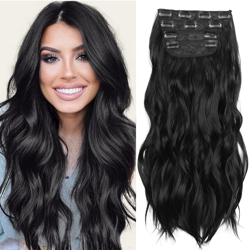 LEEONS Black 20 Inch Thick Hairpieces Long Wavy Natural Synthetic Clip in Hair Extensions, for Women (4pcs, 20Inch, 1B#) - Image 1