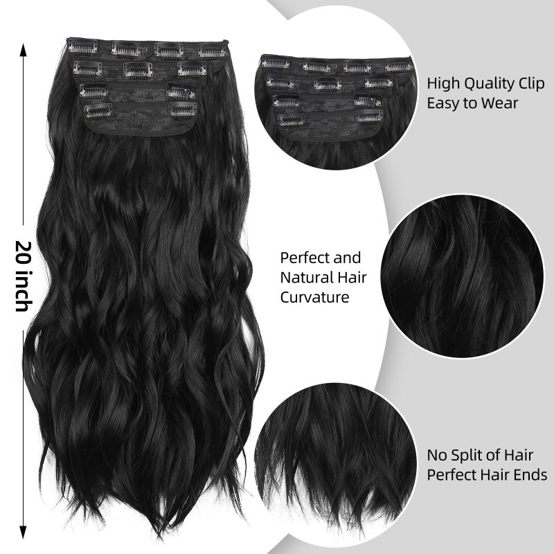 LEEONS Black 20 Inch Thick Hairpieces Long Wavy Natural Synthetic Clip in Hair Extensions, for Women (4pcs, 20Inch, 1B#) - Image 4