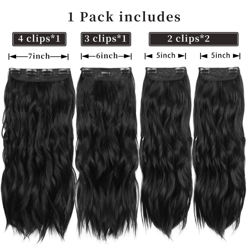 LEEONS Black 20 Inch Thick Hairpieces Long Wavy Natural Synthetic Clip in Hair Extensions, for Women (4pcs, 20Inch, 1B#) - Image 2