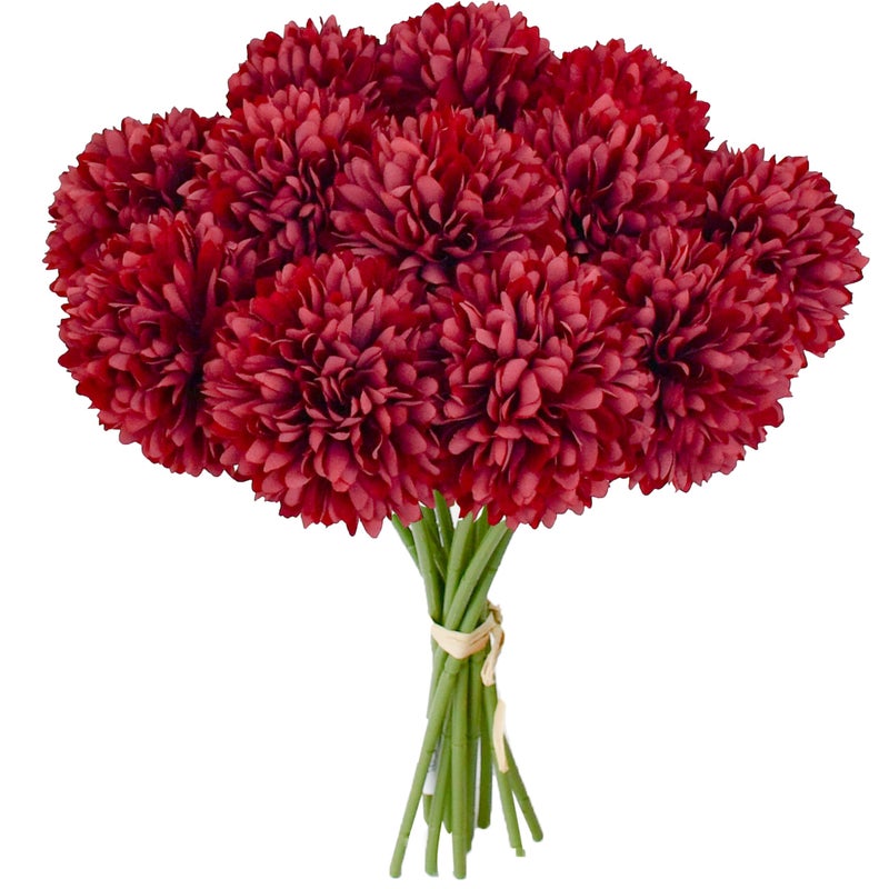 Mandy's Burgundy Artificial Ball Chrysanthemum 12 Stems Faux Flowers with Bendable Stems for Valentine's Day and New Year Decorations DIY Wedding Centerpiece Fall Decor Home Arrangements - Image 1