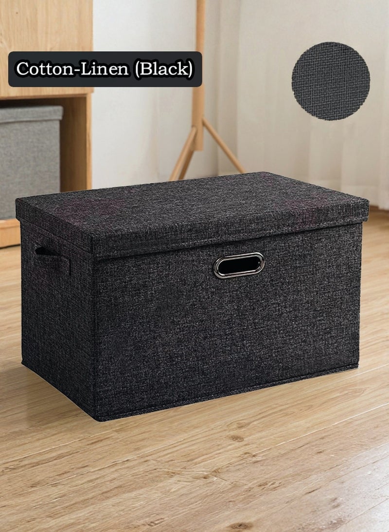LOOPITYS Cotton Linen Folding Storage Boxes With Lids Decorate The Handle Storage Box With Lid Environmental Protection Durable Fabric Storage For Bedroom Living Room（black，58*40*35cm） - Image 1
