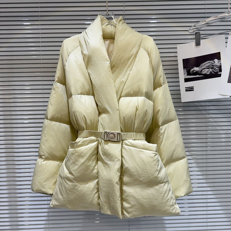 Cotton-padded jacket womens Korean-style fashion versatile casual waist design temperament warm bread clothing winter warm thick coat tide Light yellow  - Image 1