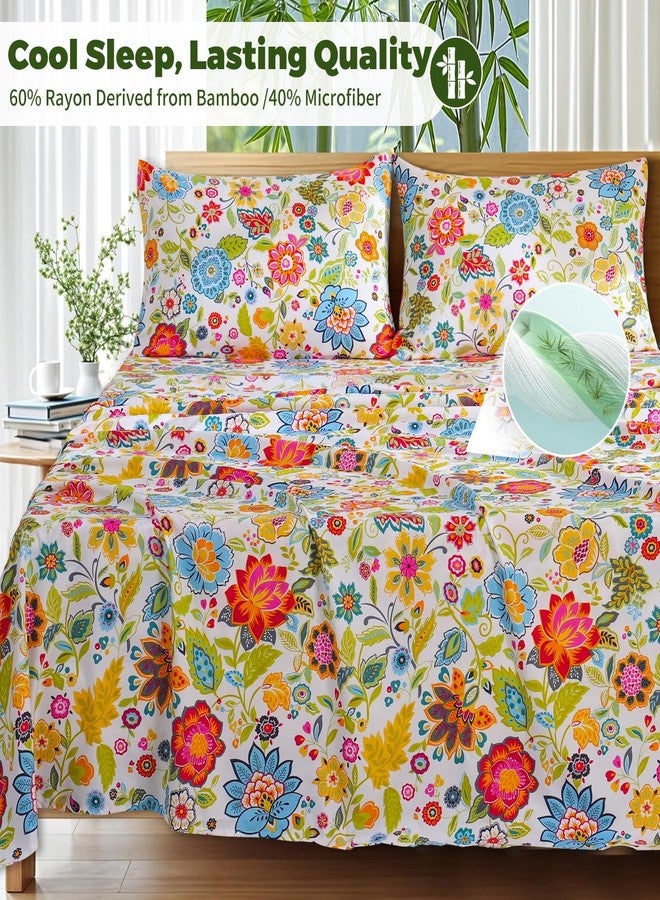 Bedlifes King Floral 4-Piece Sheet Set - Cooling Sheets Blend Rayon Derived from Bamboo,Soft & Breathable, Deep Pocket 16", Wrinkle Resistant - Vibrant Boho Floral Spring Design - Image 2