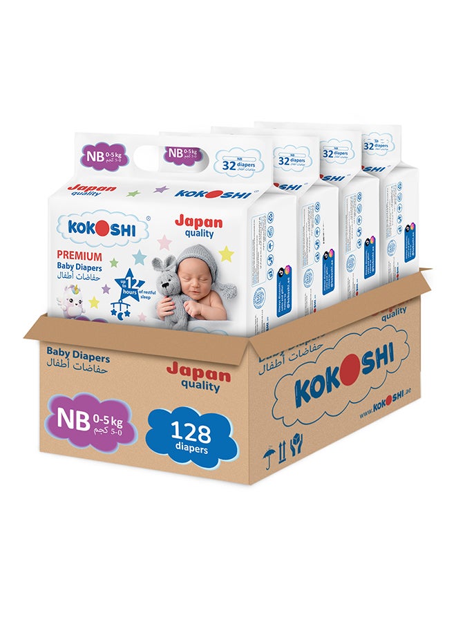 Kokoshi Premium Baby Diapers Size Newborn (0–5 kg), 128 pcs – Ultra-Soft, Hypoallergenic, 12h Protection, Breathable, Leak-Proof Japanese, Wetness Indicator - Image 1