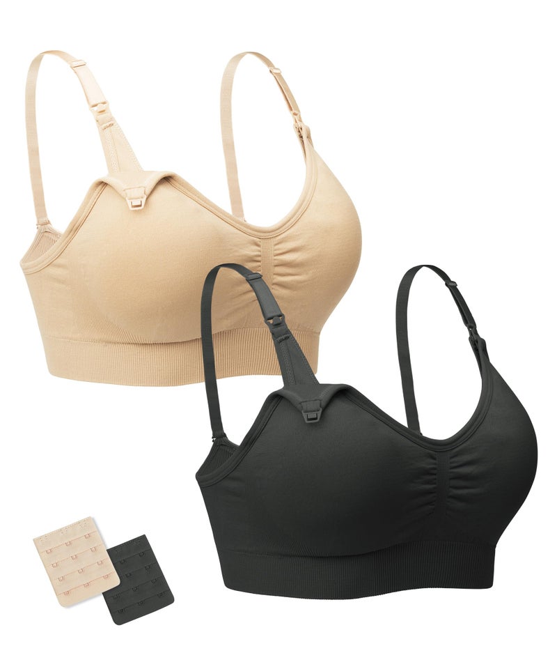 Stelle Nursing Bras Maternity Bra for Breastfeeding Pregnancy Wireless Bralette with Pads, Extenders (Black+Beige,S) - Image 1